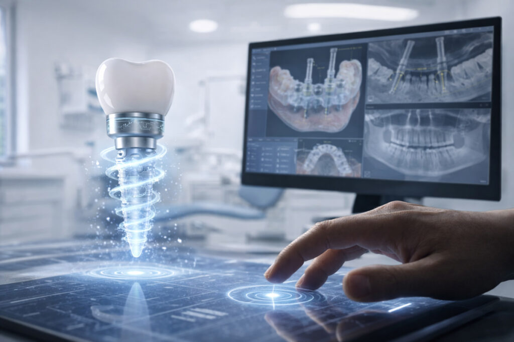 Chirurgia computer guidata per impianti dentali con progettazione 3D su monitor in studio odontoiatrico a Inzago